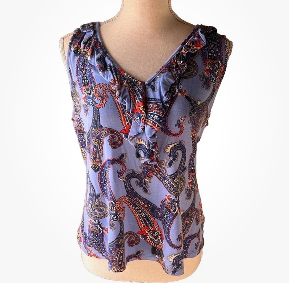Charter Club Ruffle Front Blue Paisley Sleeveless Top Size PM